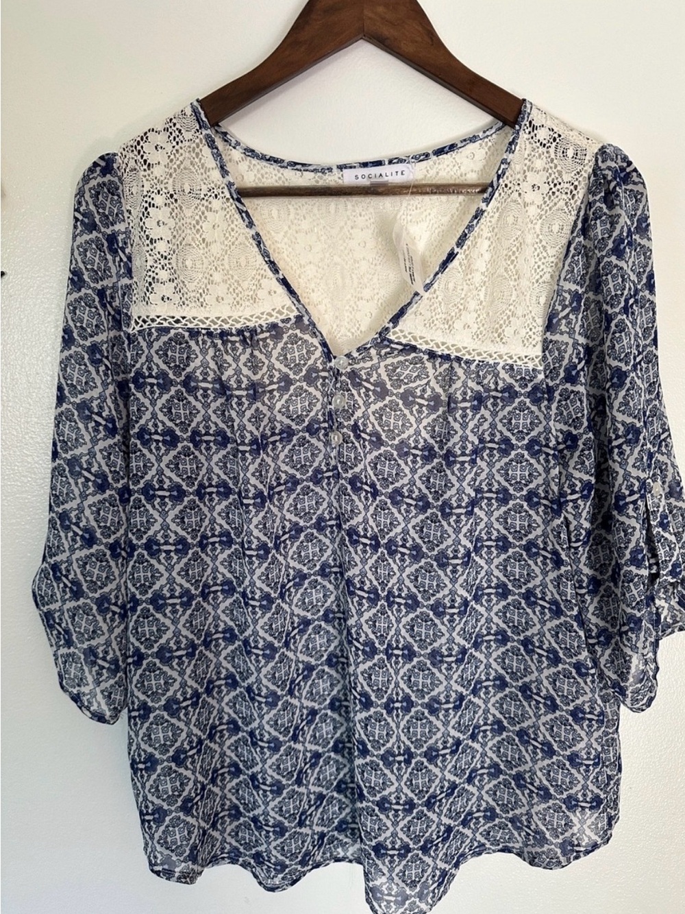Socialite Navy and Cream Mosaic Lace Yoke V-Neck Blouse